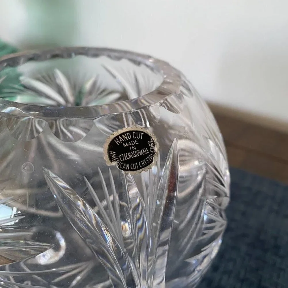 American Cut Crystal Corp Czech Footed Round Rose Vase